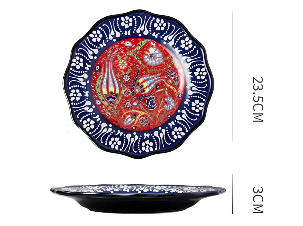 Underglaze ceramic bowl with Bohemian floral pattern in blue mandarin duck design, 8 inch diameter