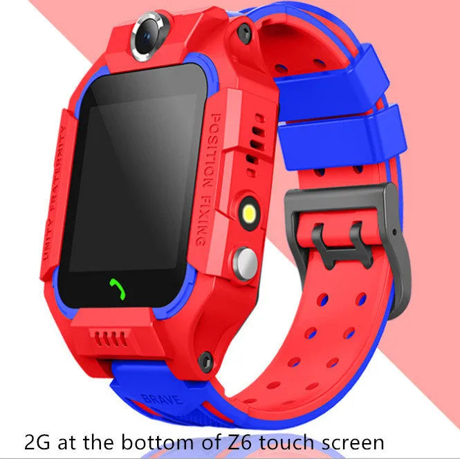 Z6 children smart watch with silicone strap, 128 x 128 touchscreen, and colour options in blue, pink, purple, and red