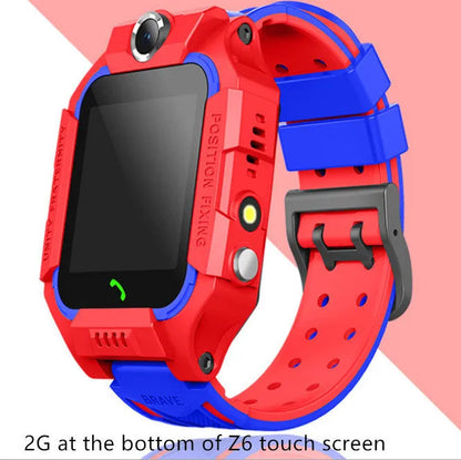Z6 children smart watch with silicone strap, 128 x 128 touchscreen, and colour options in blue, pink, purple, and red