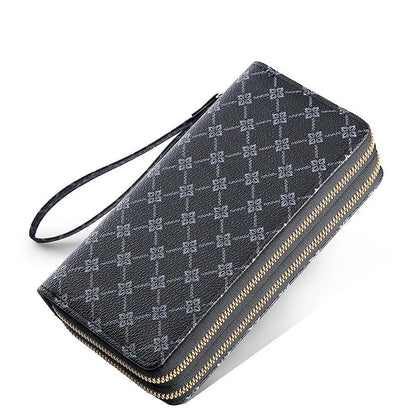 Long black retro-style PU leather wallet clutch with a printed pattern, showing a mobile phone pocket and a zippered coin purse.