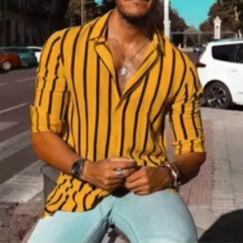 Men's striped casual button shirt with loose fit and cardigan styling
