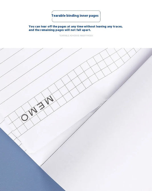 A4 tearable notebook with grid-lined pages and wireless adhesive binding for clean page removal
