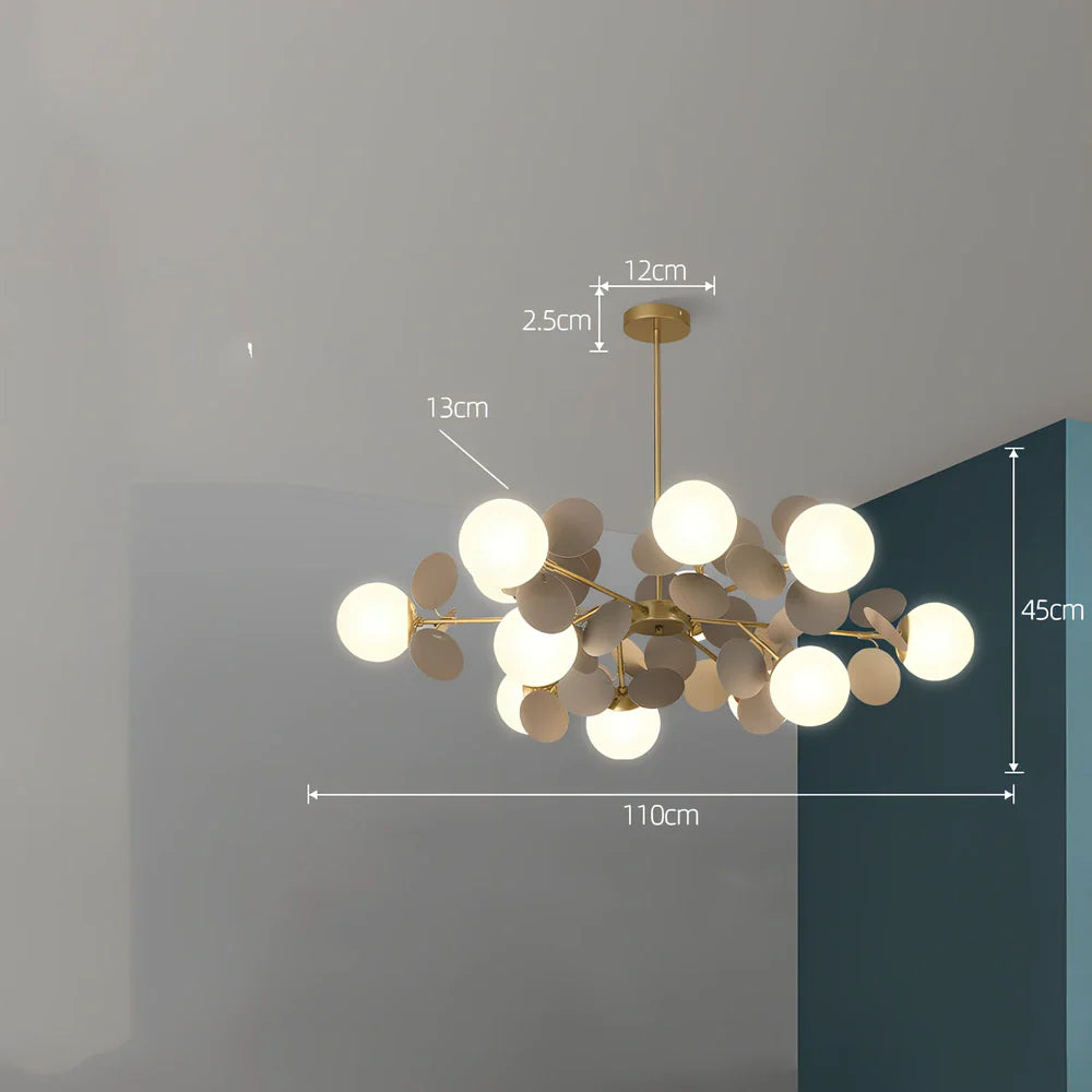 Nordic minimalist chandelier with multiple light heads in metal and glass construction