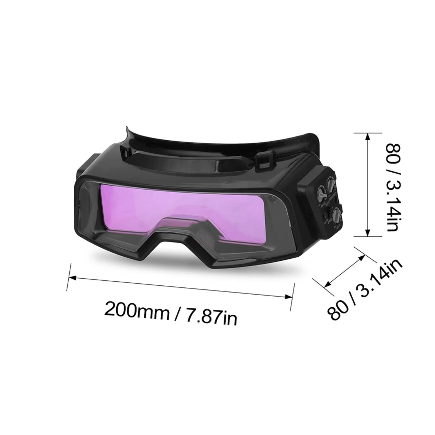 Black automatic welding mask with auto-darkening lens showing 122.5x35mm viewing area and dual sensors