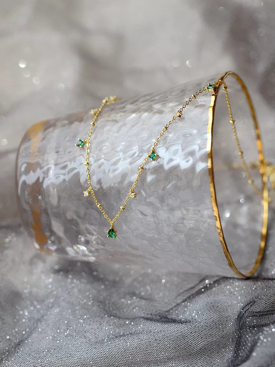 Korean style water drop emerald zircon necklace with sterling silver chain