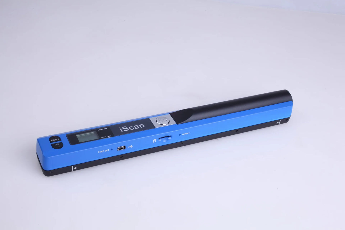 Handheld plastic barcode scanner in five colour options: black, blue, green, red, and silver.