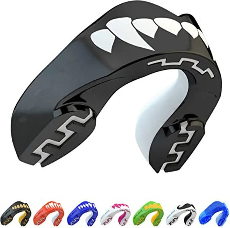Boxing mouthguard with tooth socket design for shock absorption and secure fit during combat sports like Sanda and Taekwondo, available in three colour options for adult fighters
