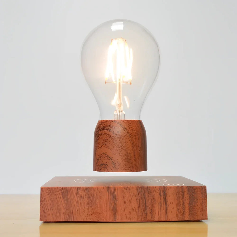 Magnetic levitation bulb floating above imitation wood base with international plug options