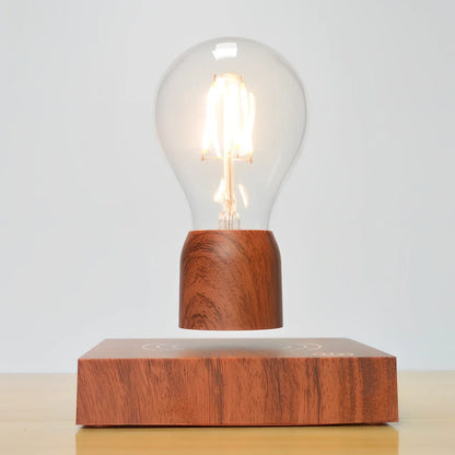 Magnetic levitation bulb floating above imitation wood base with international plug options