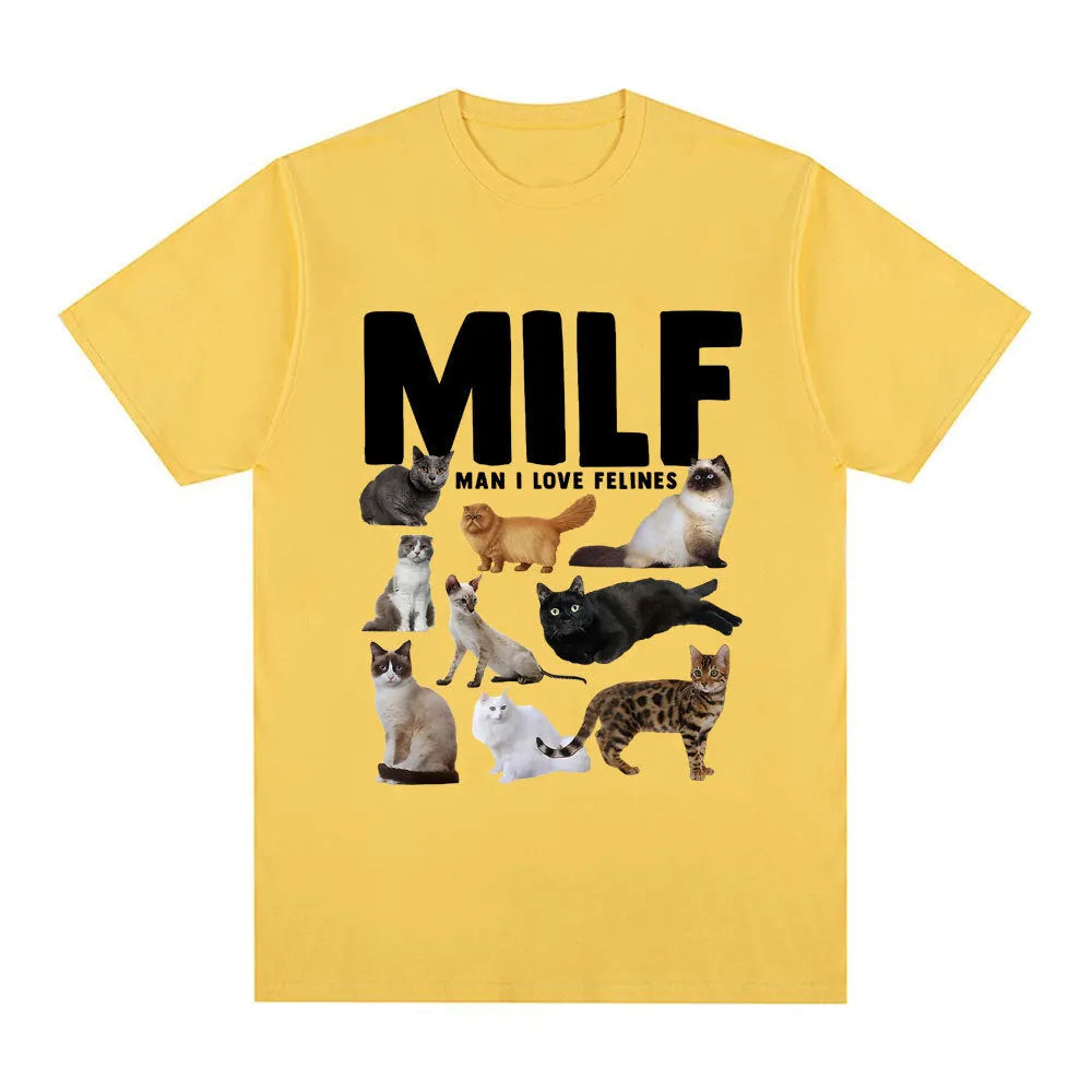 Geometric pattern cat lover graphic on a short sleeve cotton T-shirt, shown in multiple colours.