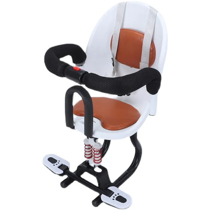 Front child seat for electric scooters with black steel frame measuring 20cm by 20cm by 53cm