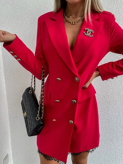 Fashionable lace midi dress with double-breasted closure and A-line silhouette in red, black, and green colors