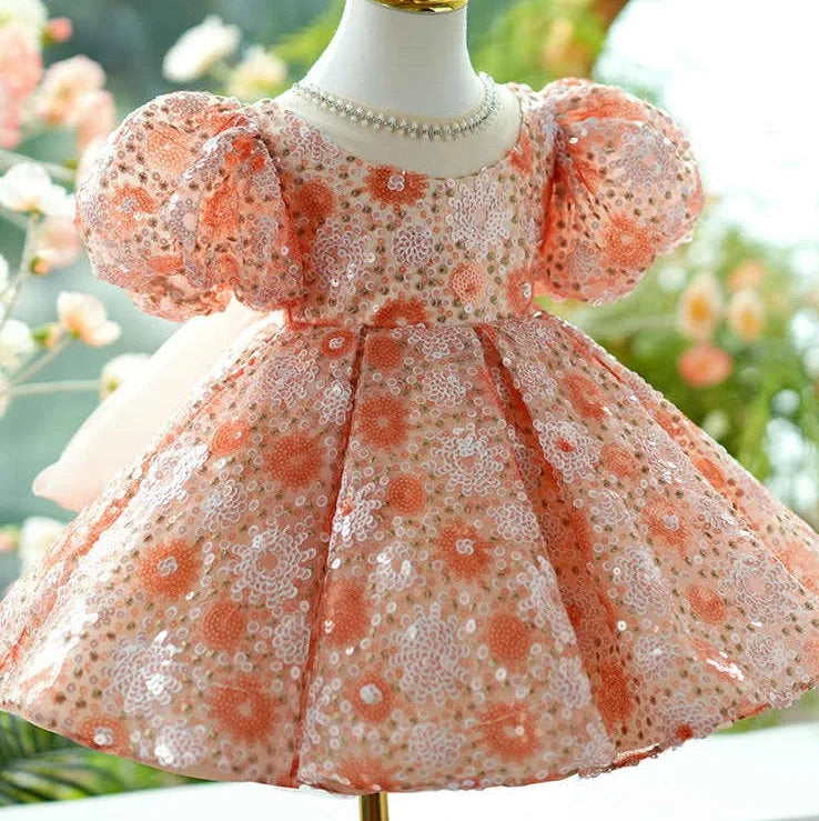 Orange children's princess dress with puffy grenadine sleeves, full-length design for dress-up play
