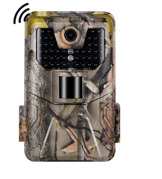 Camouflage infrared hunting trail camera with lens and infrared LEDs, shown with mobile phone displaying APP control interface.