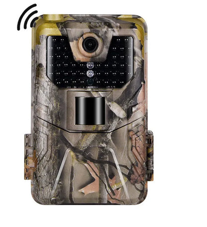 Camouflage infrared hunting trail camera with lens and infrared LEDs, shown with mobile phone displaying APP control interface.