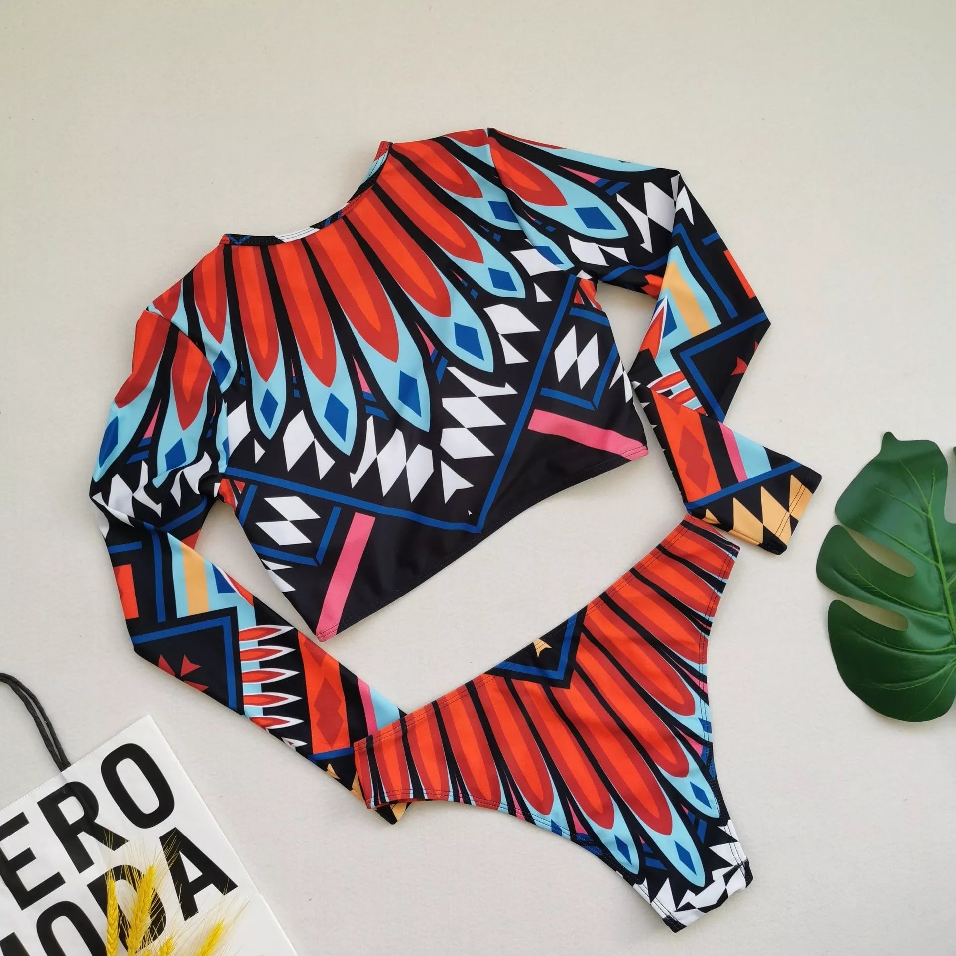 Ladies high waist swimwear set in feather color, 100% polyester, sizes S to 2XL