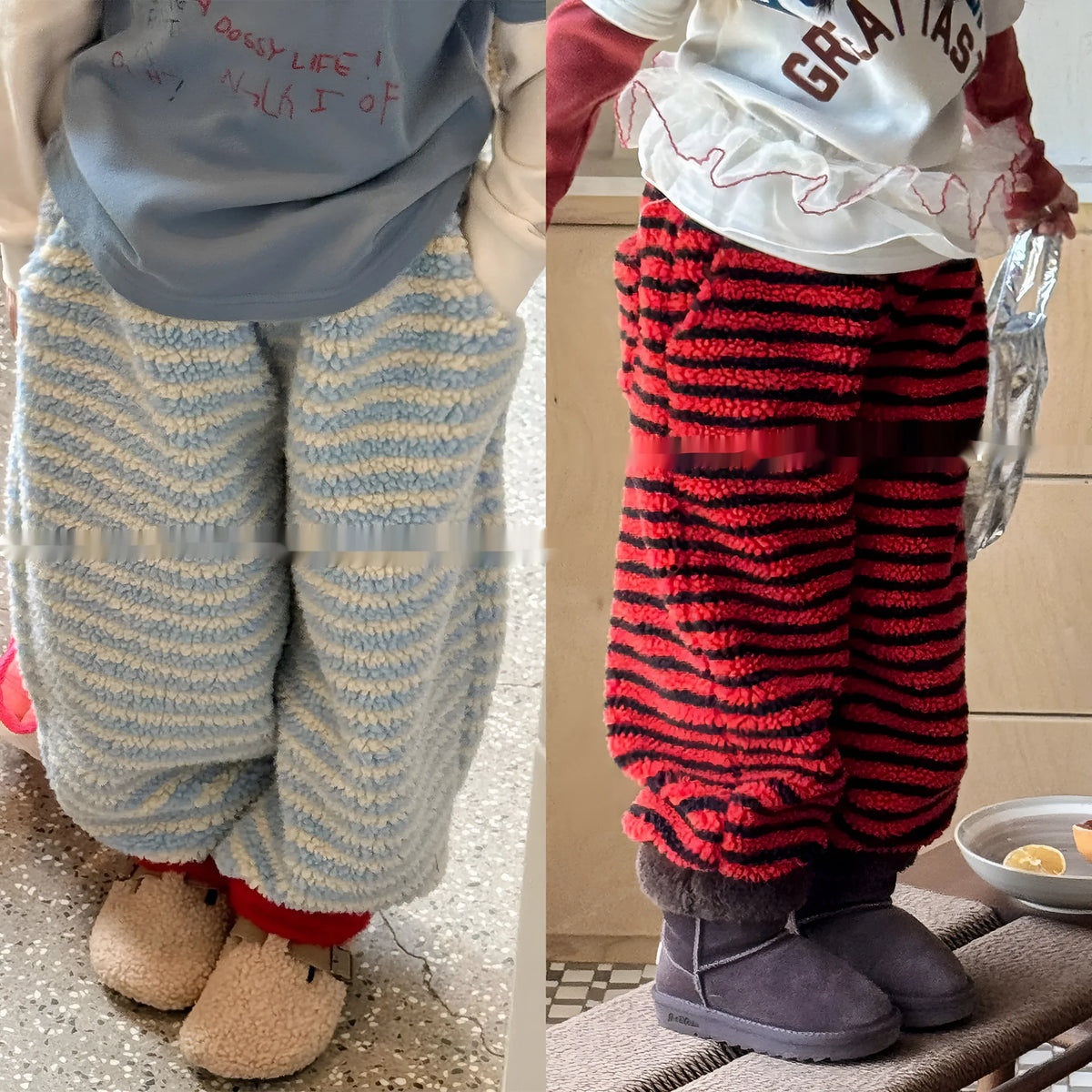 Children's fleece-lined harem trousers in beige blue stripes, unisex winter pants with elastic high waist, sizes 80cm to 130cm.