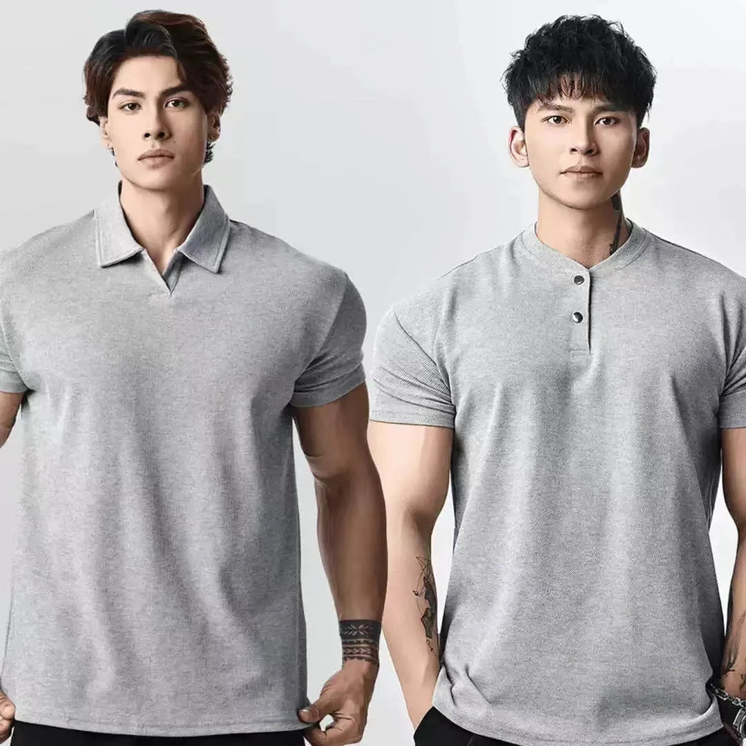 Men's loose fit retro T-shirt shown in black with a Henry collar on a mannequin.
