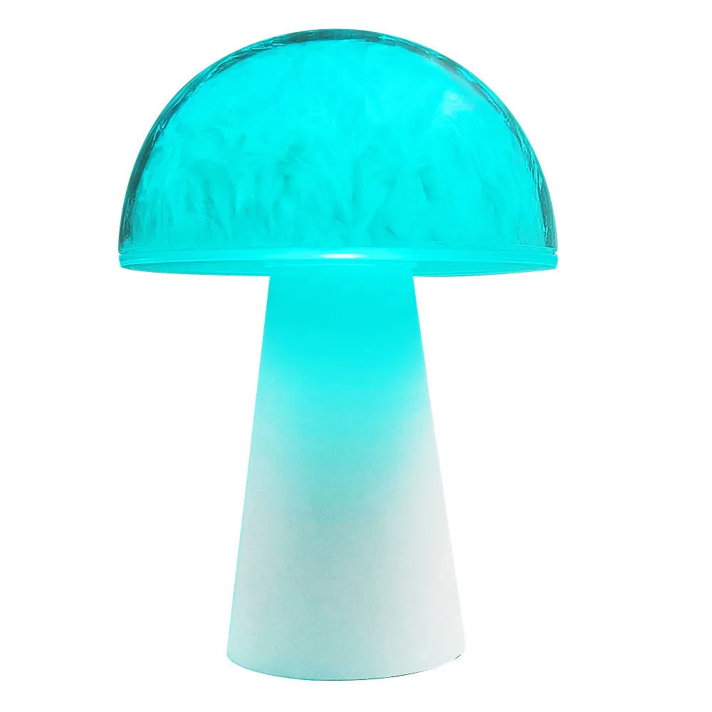 Mushroom-shaped RGB colour-changing night light with remote control on a wooden surface