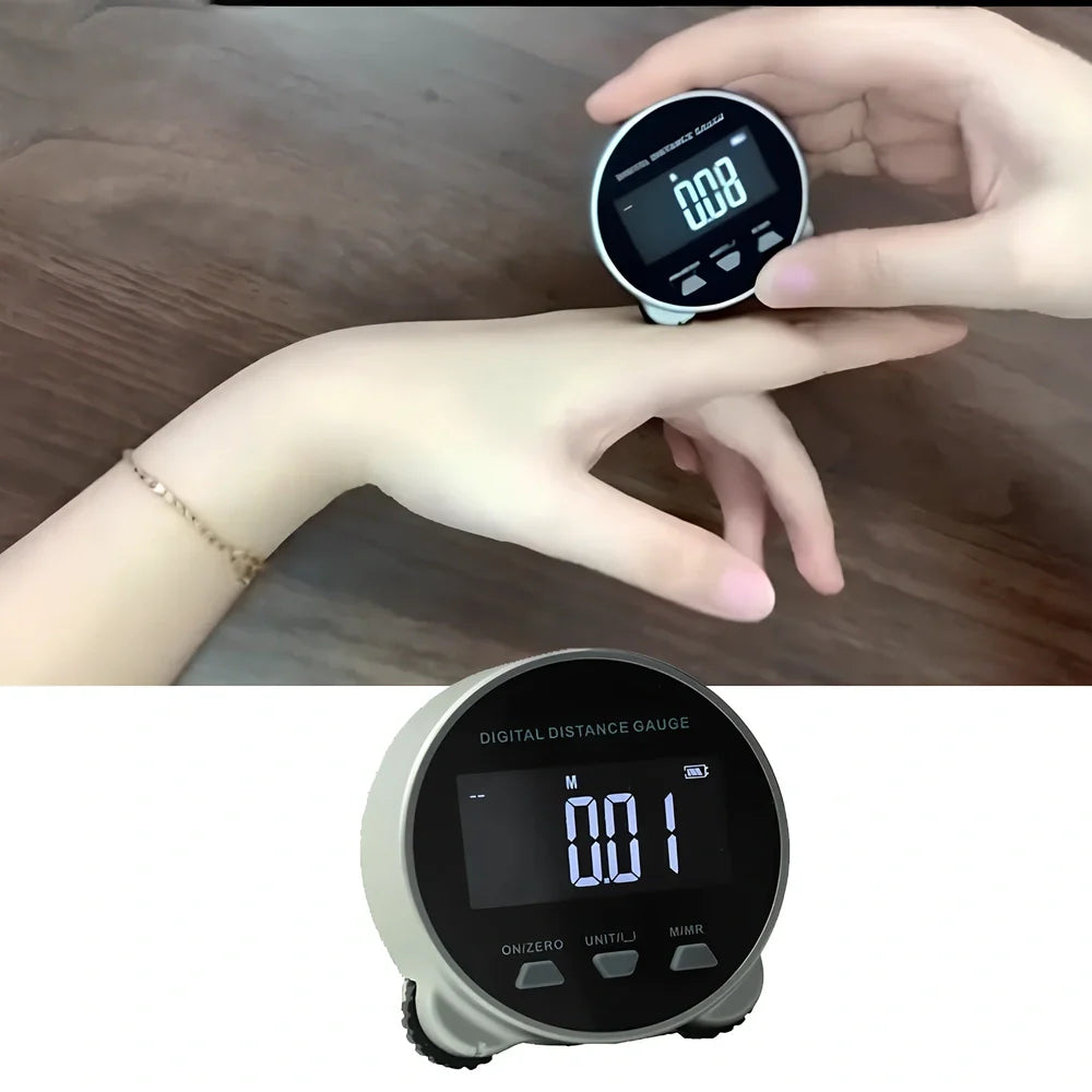 Grey digital rolling measurement tool displaying 200m range on straight surfaces with cm/inch units
