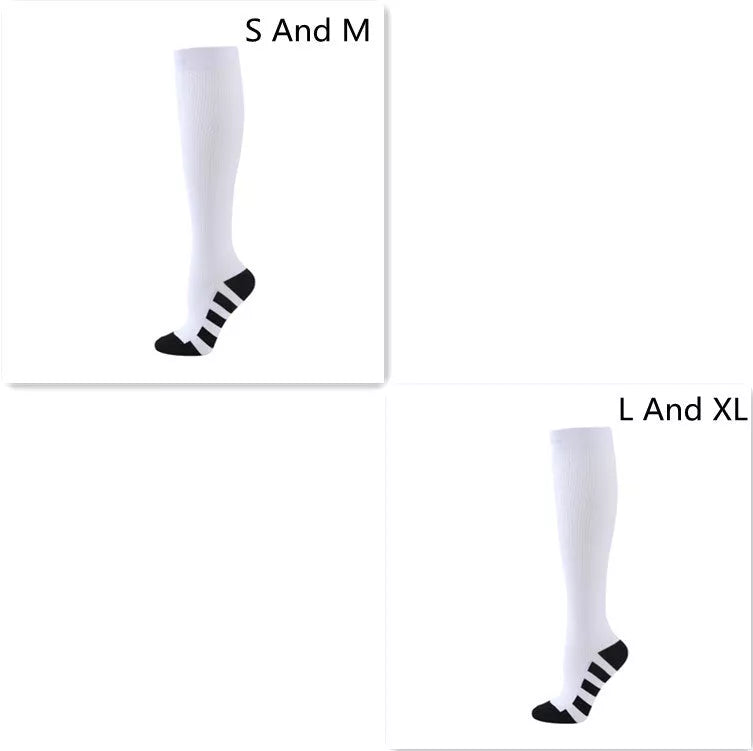 Athletic compression socks with three-bar design in black, pink, and white