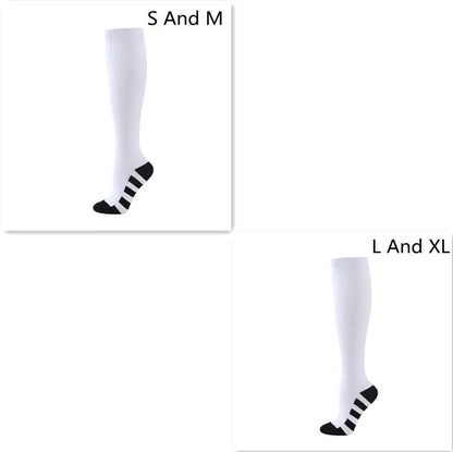 Athletic compression socks with three-bar design in black, pink, and white