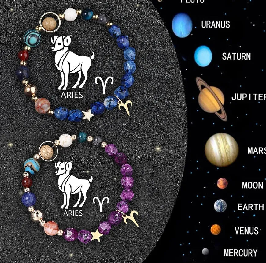 Twelve Zodiac Sign Beaded Bracelet Set with natural stone beads and adjustable cord on wrist
