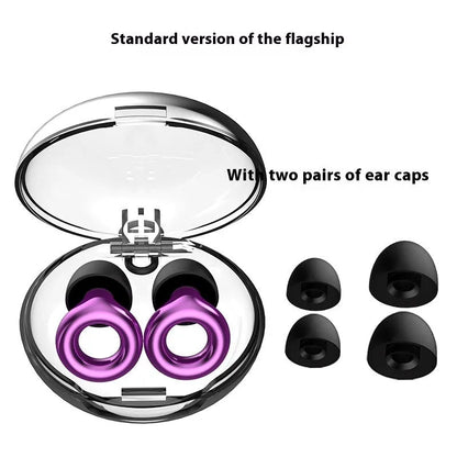 A pair of noise reduction sleep earplugs in a choice of colours, shown with a storage box and spare silicone ear caps.