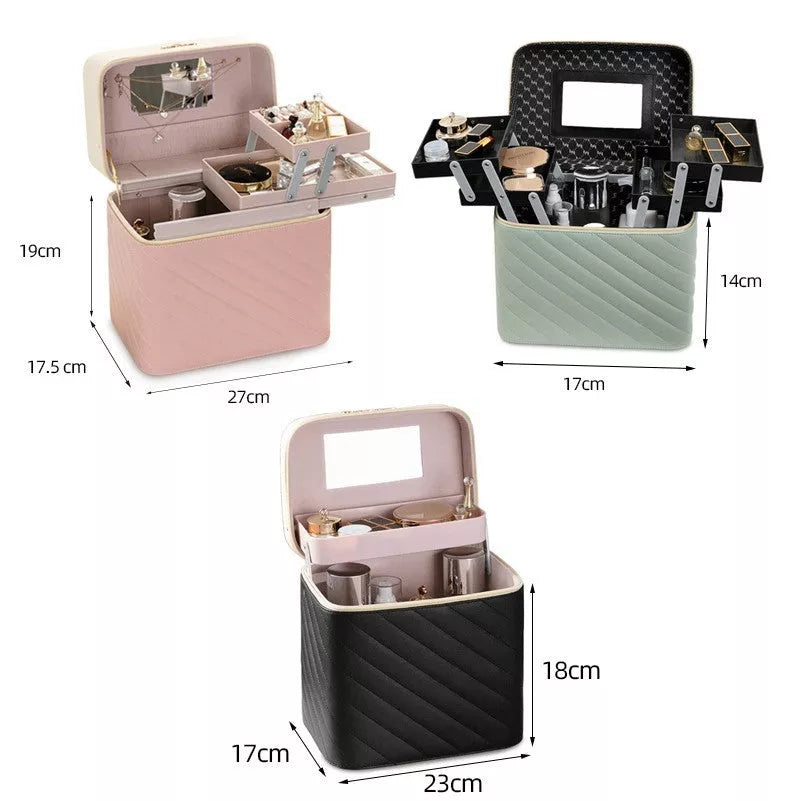 Portable PU leather cosmetics and jewelry storage box with hard handle and zipper pockets