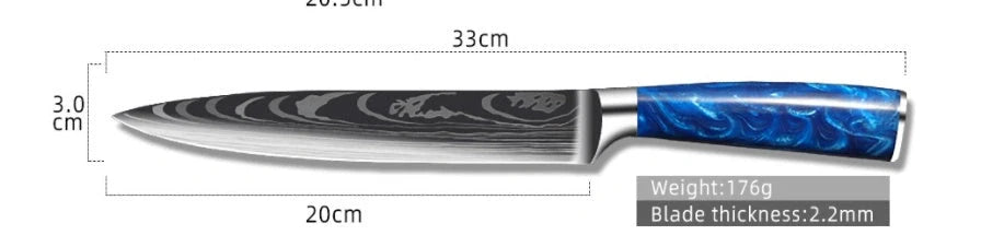 8-inch Chef Knife with vibrant blue resin handle, perfect for precision cutting in the kitchen.