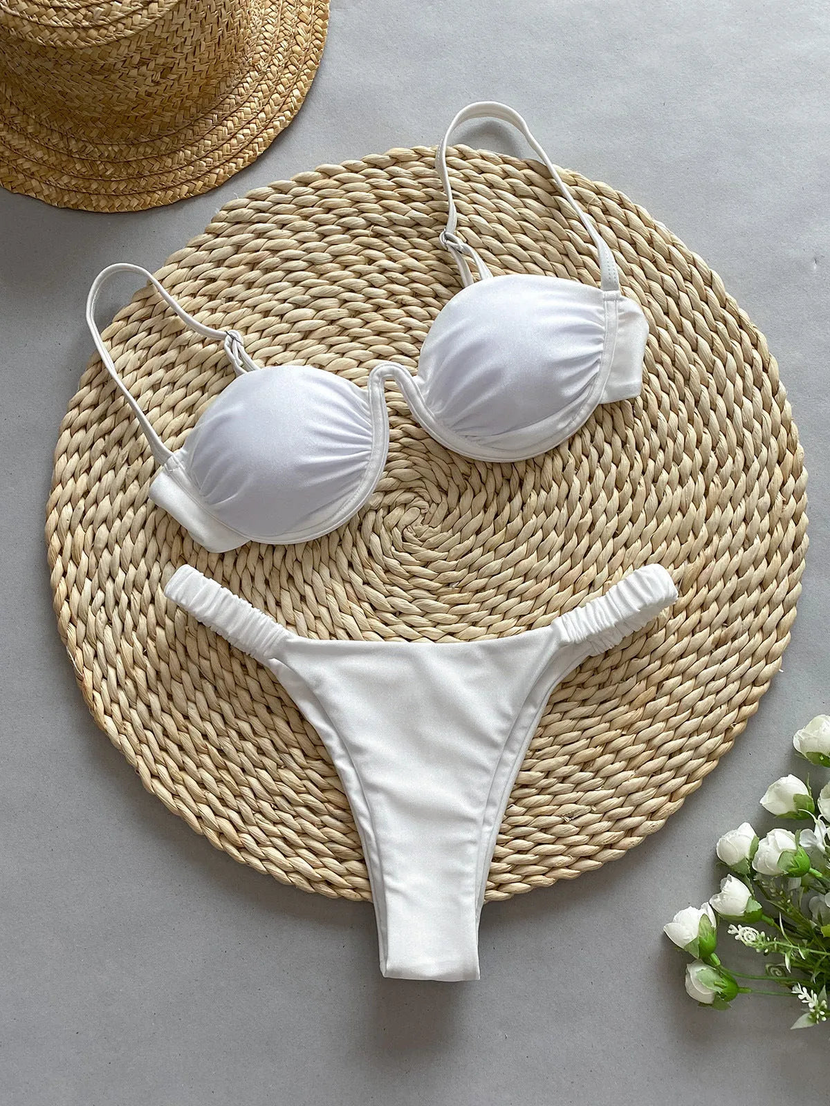 Women's underwire bikini swimsuit with split briefs design in khaki colour showing spandex lining construction