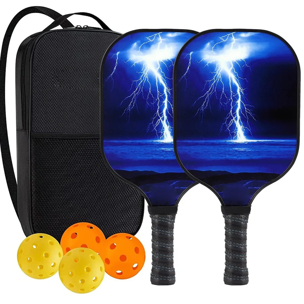 Peak Racket fibreglass squash set showing two rackets and four balls for complete playing equipment