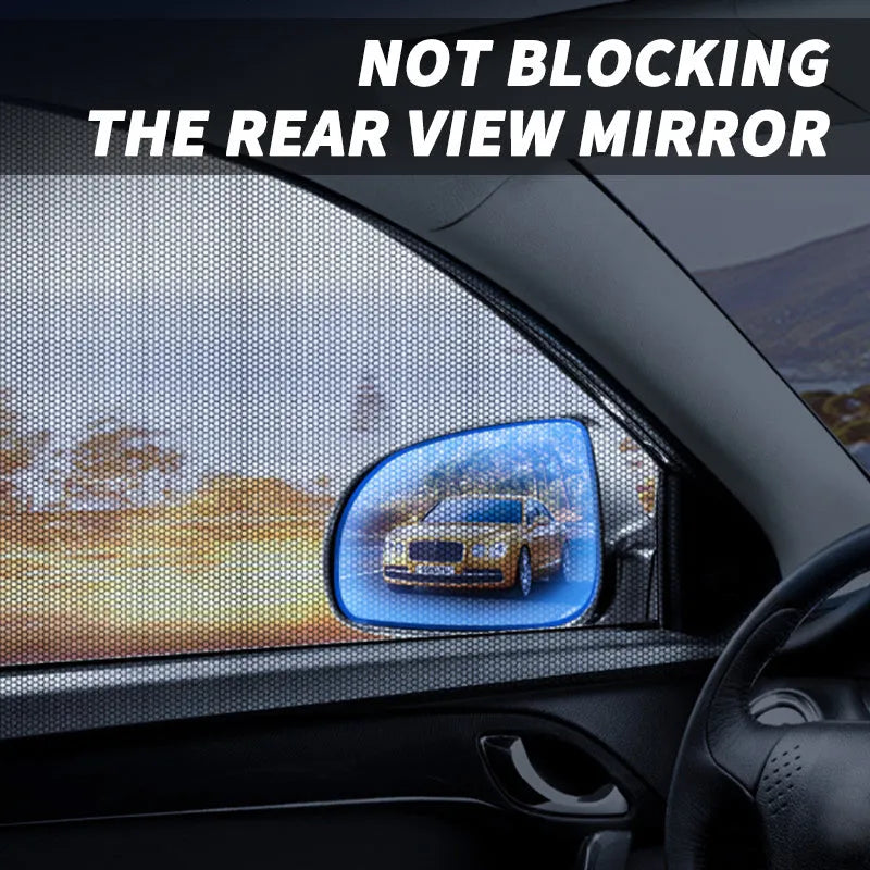 Stretch-fit mesh sunshades installed on a car's front and rear side windows for sun and insect protection.