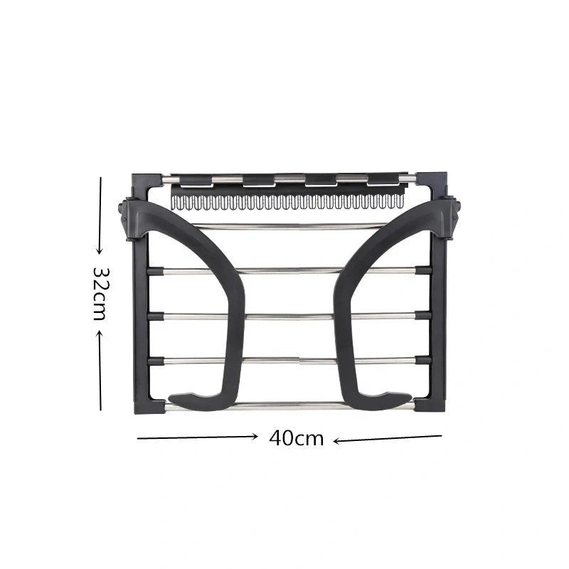 Foldable stainless steel balcony drying rack in black, perfect for saving space while drying clothes and shoes