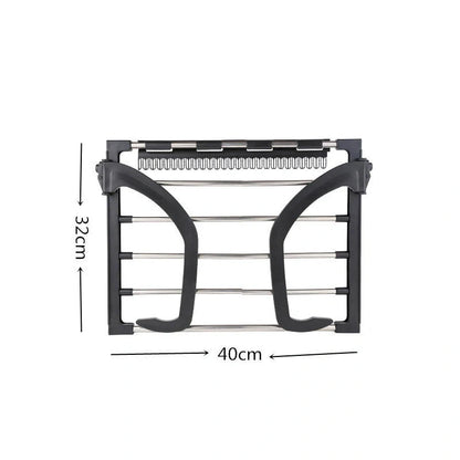 Foldable stainless steel balcony drying rack in black, perfect for saving space while drying clothes and shoes