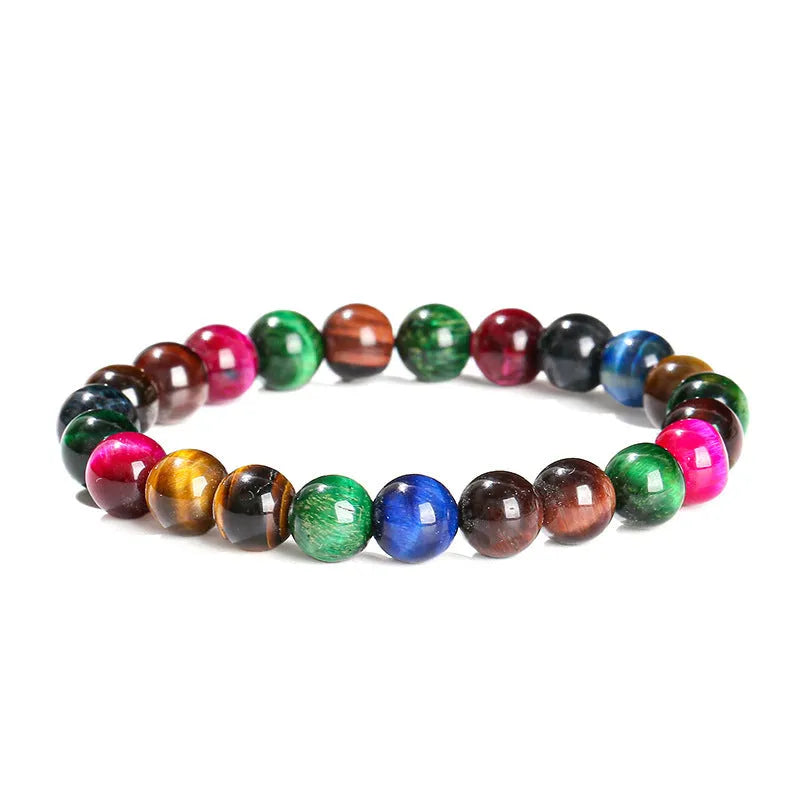 Colourful tiger eye gemstone bracelet with geometric round beads in assorted earthy tones.