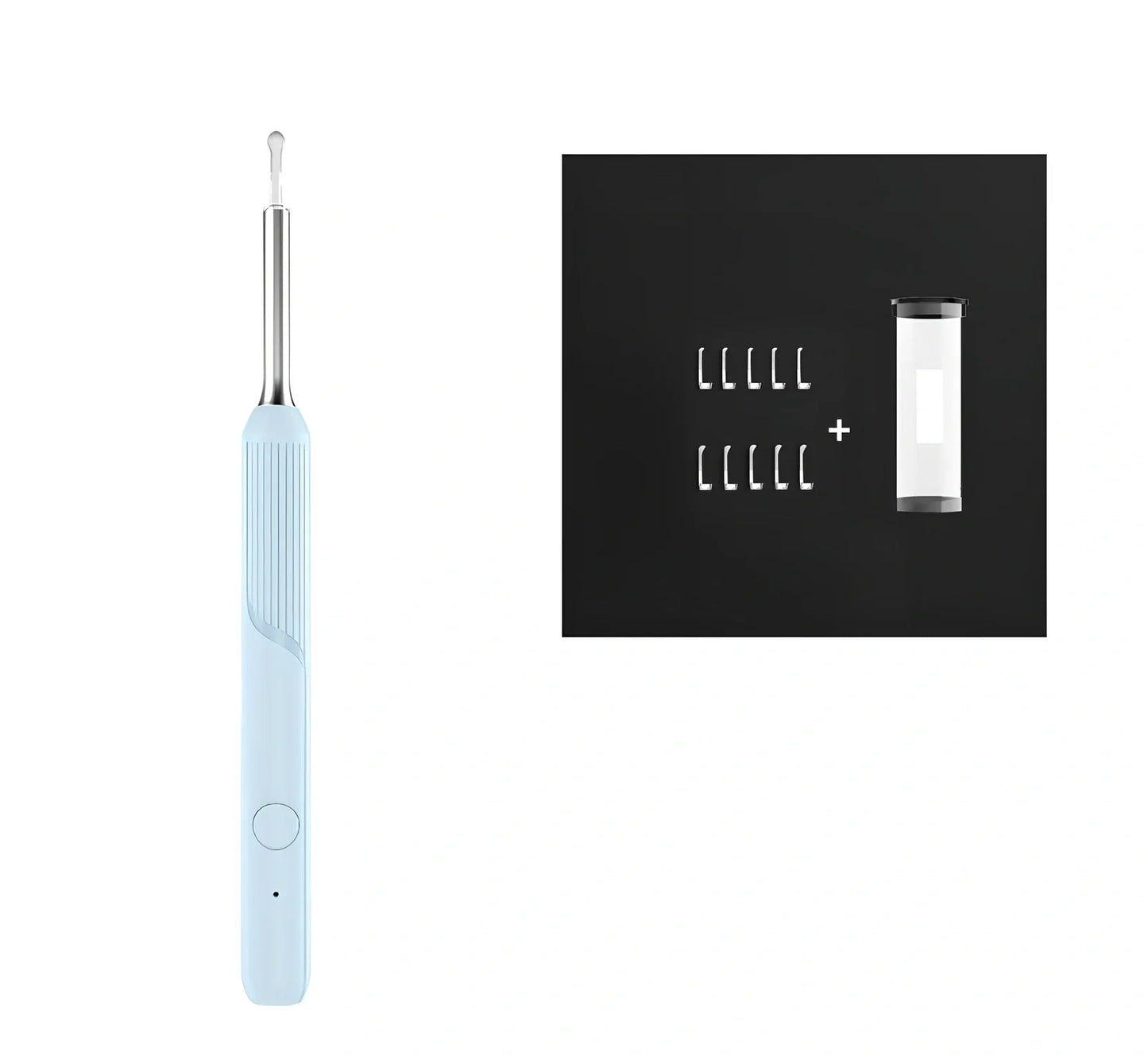 Visual ear cleaning device with camera, ear scoop attachments, and charging cable on white background