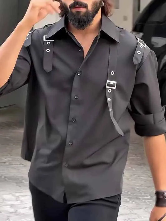 Men's black button-up shirt with four utility pockets, regular fit, and polyester fabric