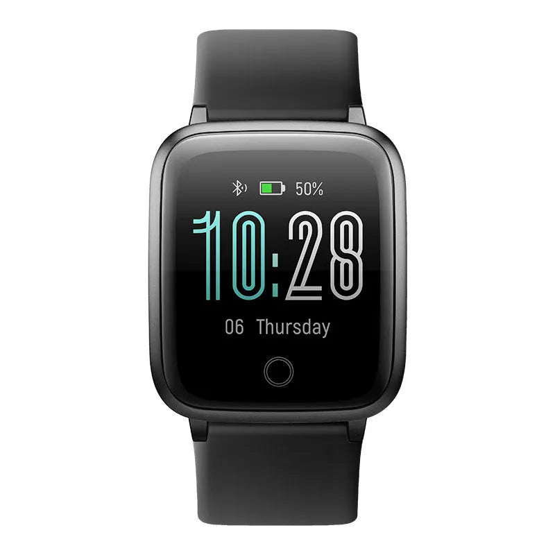 1.3 inch TFT smartwatch with silicone wristband in black, blue, or pink, showing touchscreen and magnetic charging cable