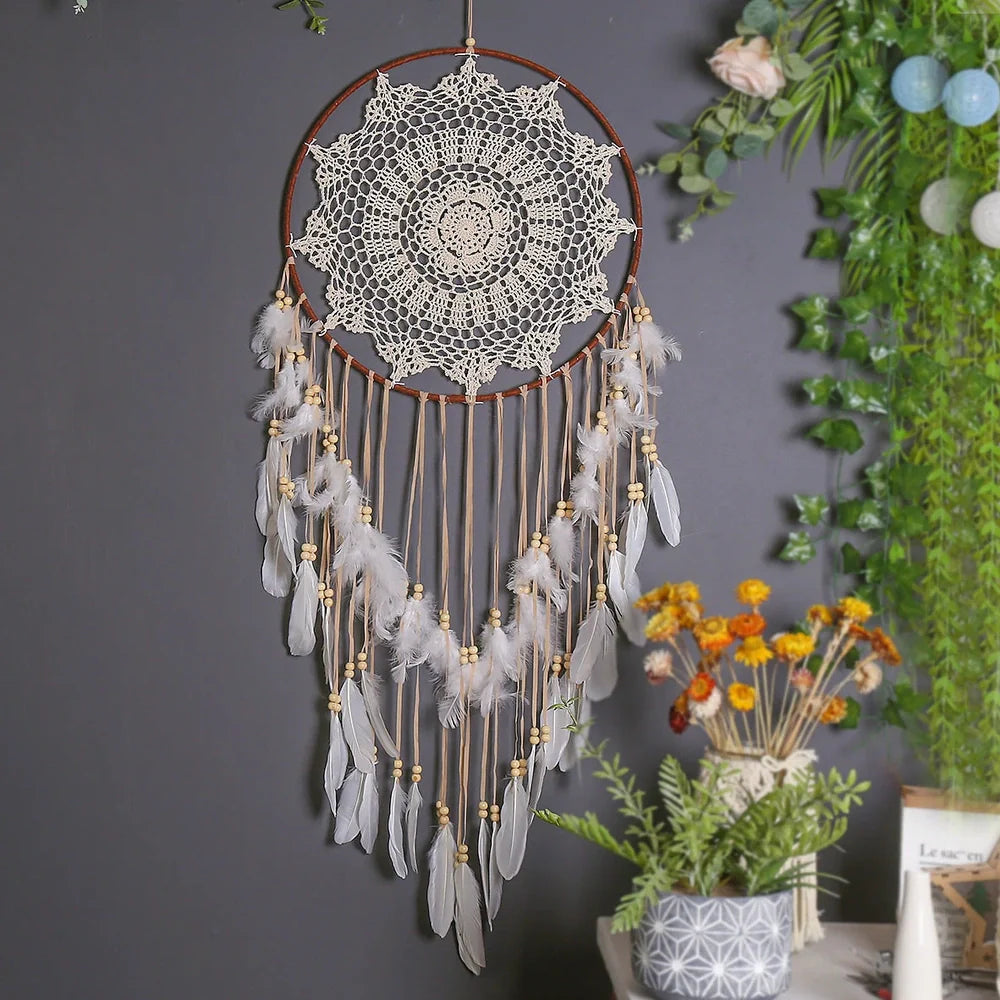 Bohemian dreamcatcher wall hanging with 30 cm iron ring frame and hollow design in MS9141A warm tone