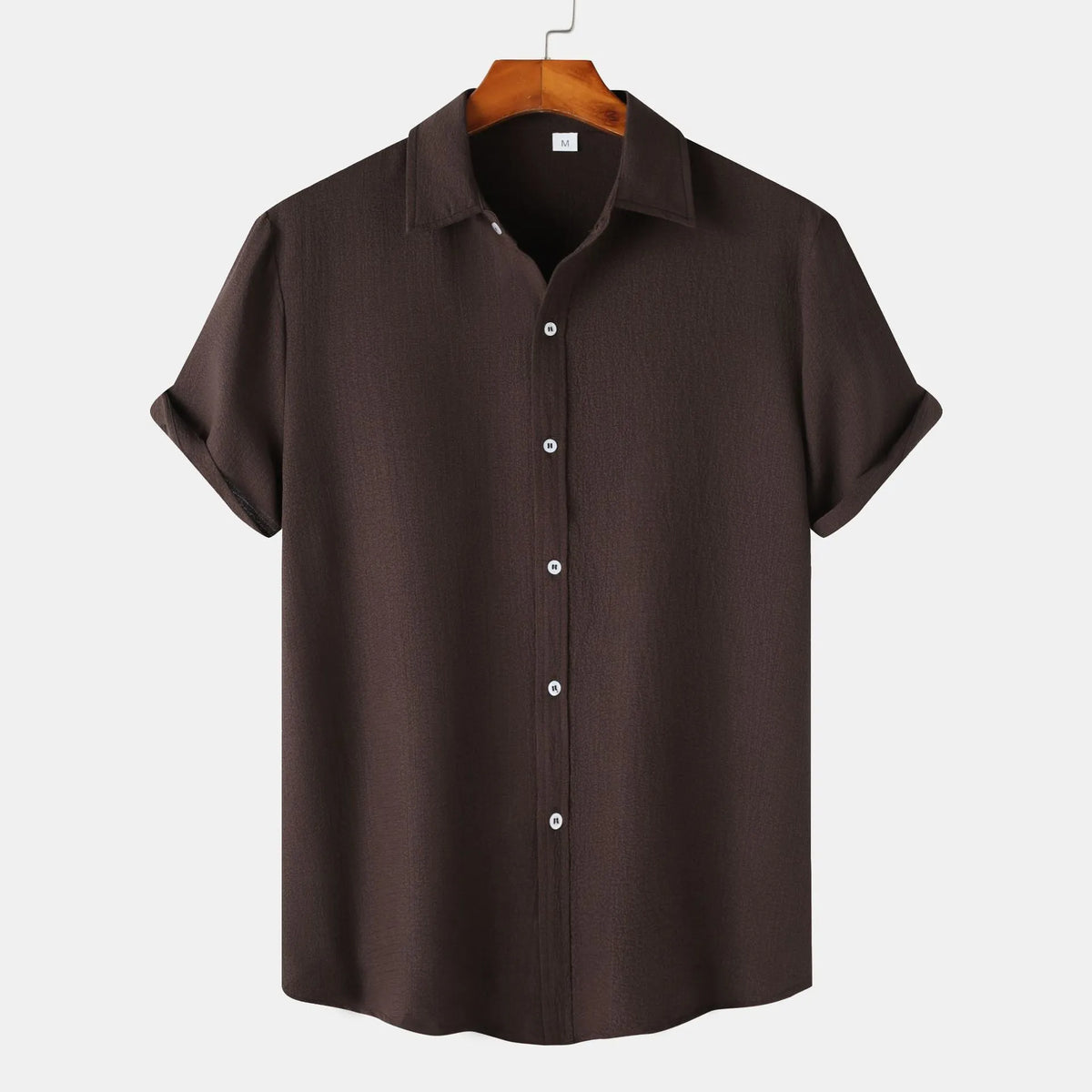 Men's casual short-sleeved cardigan shirt in polyester, shown in available colours.