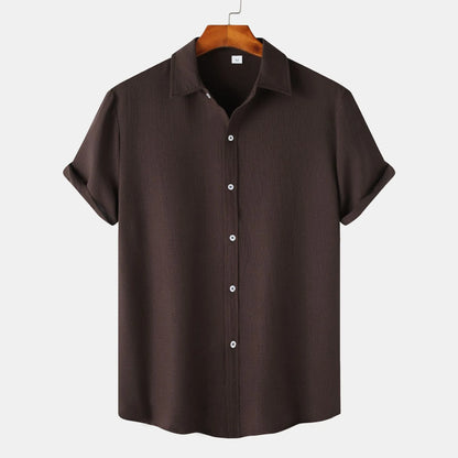 Men's casual short-sleeved cardigan shirt in polyester, shown in available colours.