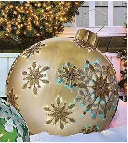 Vibrant, inflatable Christmas ornaments in various holiday designs for outdoor decoration