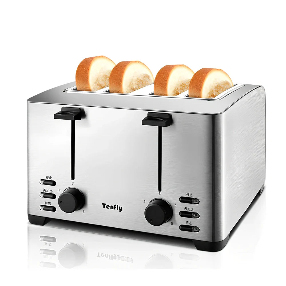 Silver grey 4-slice toaster with stainless steel body and baking rack on kitchen counter
