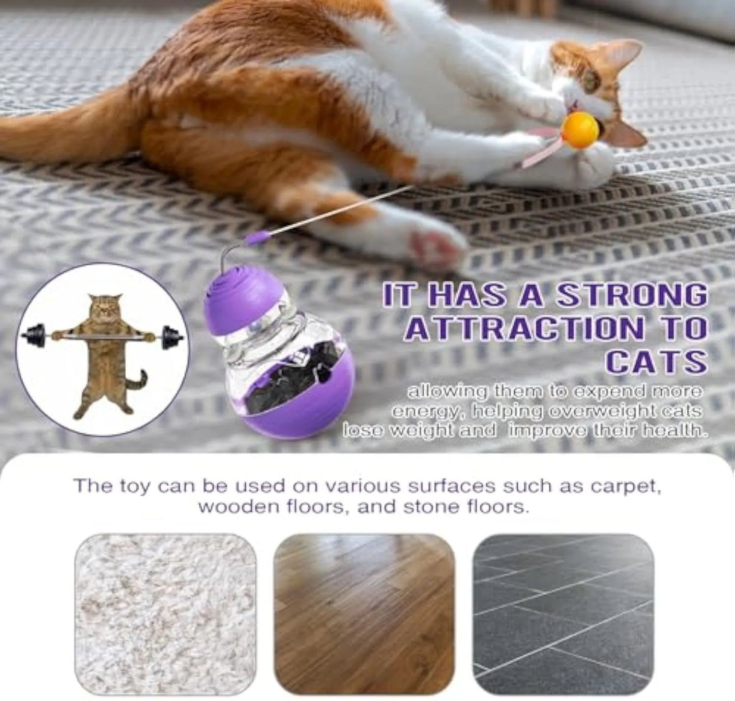 Multi-functional cat toy with tilting base, teaser wand with ball and ribbon, and food dispenser opening
