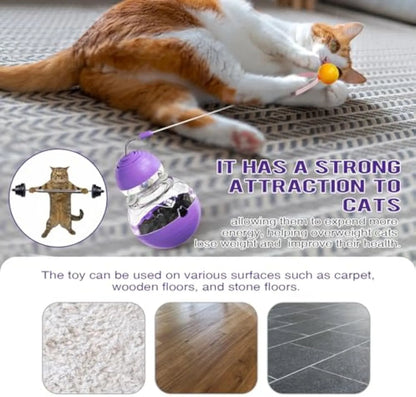 Multi-functional cat toy with tilting base, teaser wand with ball and ribbon, and food dispenser opening
