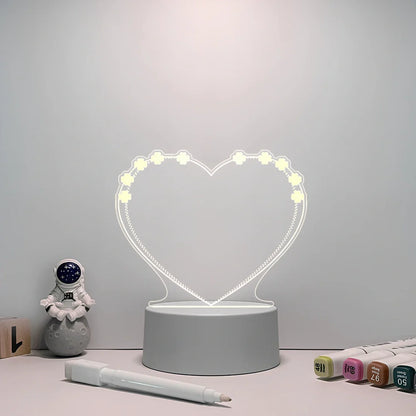 USB message board night lamp with round, rectangular and heart-shaped picture frames on 10cm base