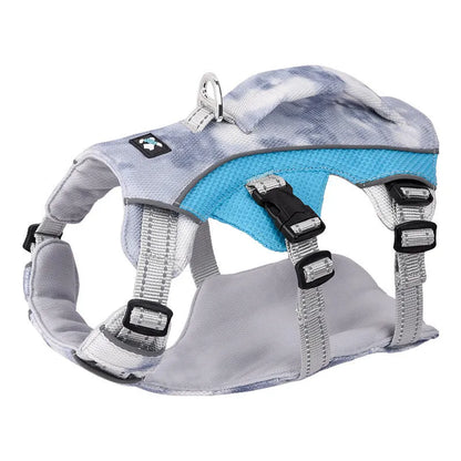 Reflective pet cooling chest strap in light blue, adjustable for dogs, with reflective strips for safety.