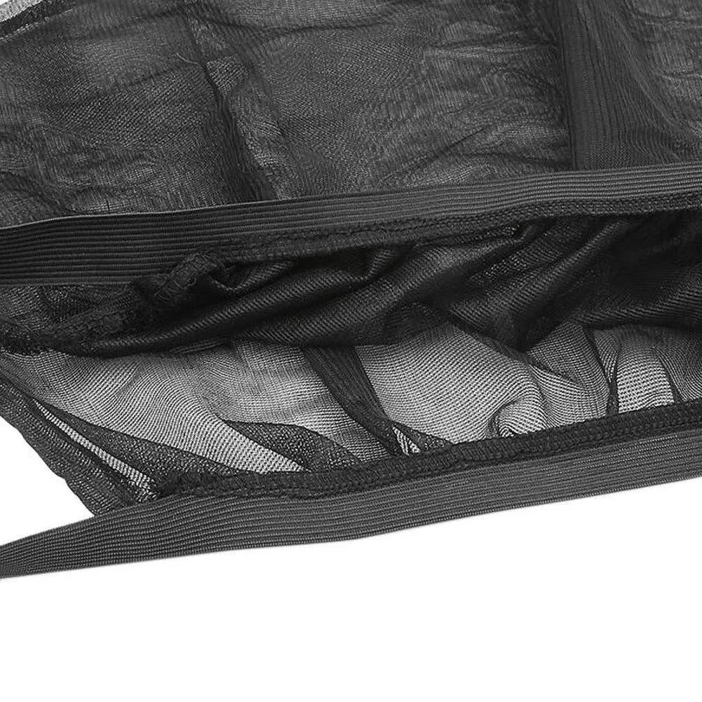 Stretch-fit mesh sunshades installed on a car's front and rear side windows for sun and insect protection.