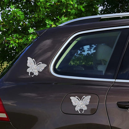 7x6cm diamond-encrusted glass car sticker showing butterfly and bear paw designs with strong adhesion backing